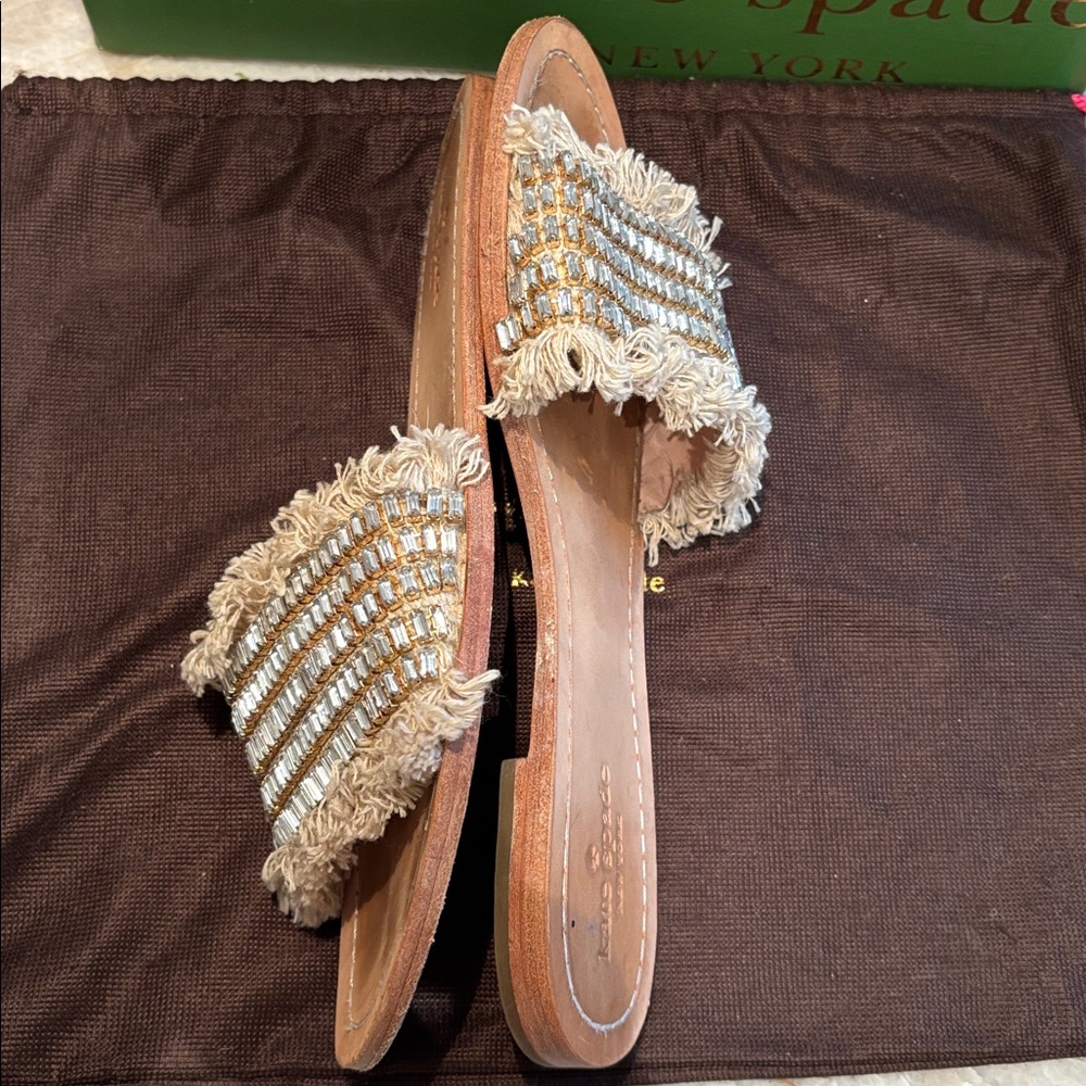 Kate Spade Solaina Natural Woven Embellished Jeweled Leather Slides Sandals 9M - Picture 11 of 11
